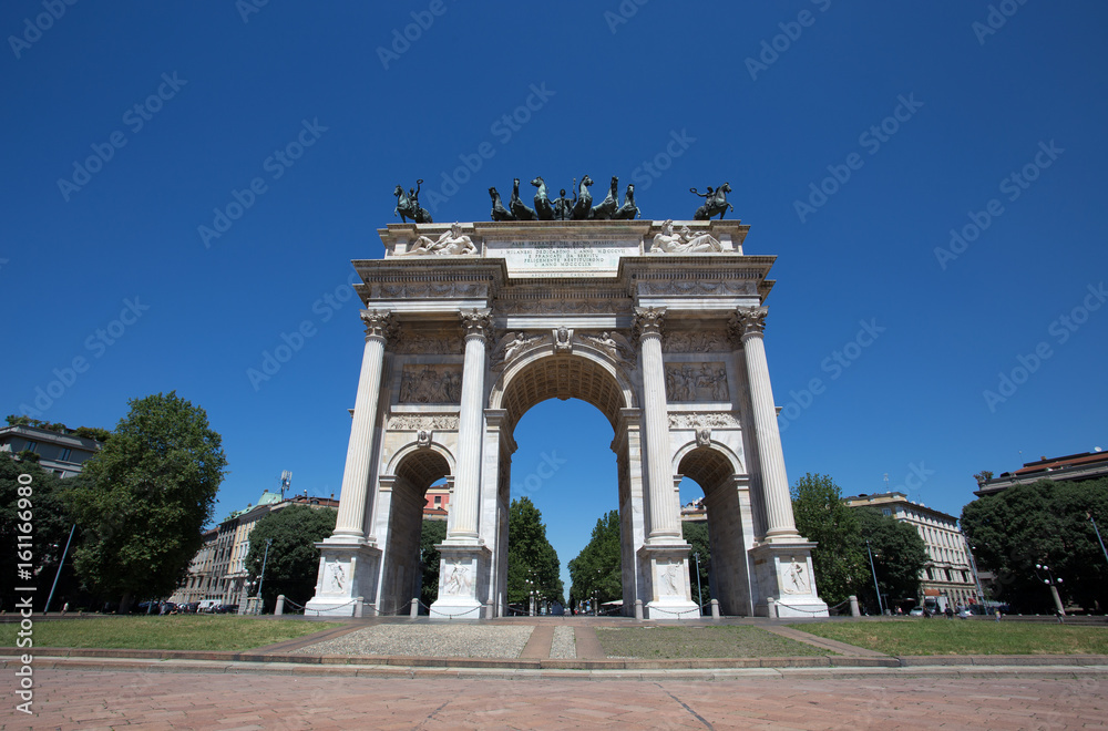 MILAN, ITALY, JUNE, 7, 2017 - Arco della Pace, (Arch of Peace), near Sempione Park in city center of Milan, Italy