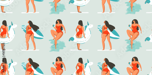 Hand drawn vector abstract fun summer time illustration seamless pattern with group girlrs,surfboards and unicorn floats circles in blue ocean water background
