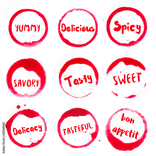Delicious collection of round watercolor stains with yummy, delicious, spicy, savory, tasty, sweet, delicacy, tasteful, bon appetit text. Set of vector Delicious stamps.