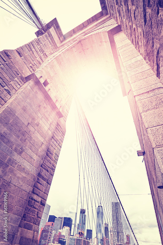 Canvas Print Vintage stylized wide angle picture of Brooklyn Bridge, New York City, USA