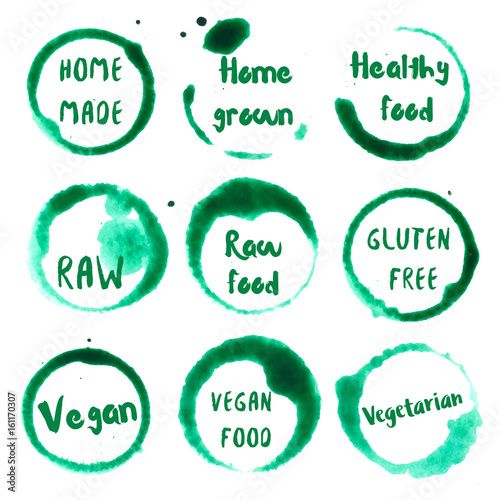 Healthy Food collection of round watercolor stains with home made, grown, healthy food, gluten free, vegan, vegetarian, food, raw text. Set of vector Healthy Food stamps.