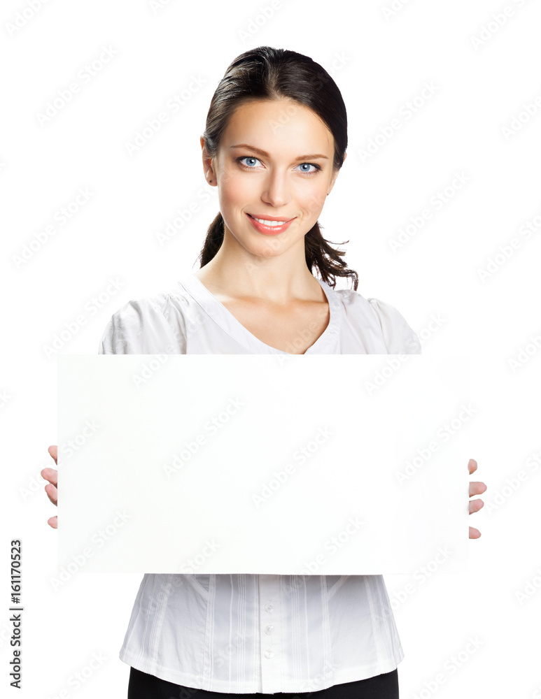 Businesswoman showing blank signboard, on white Businesswoman showing blank signboard, on white