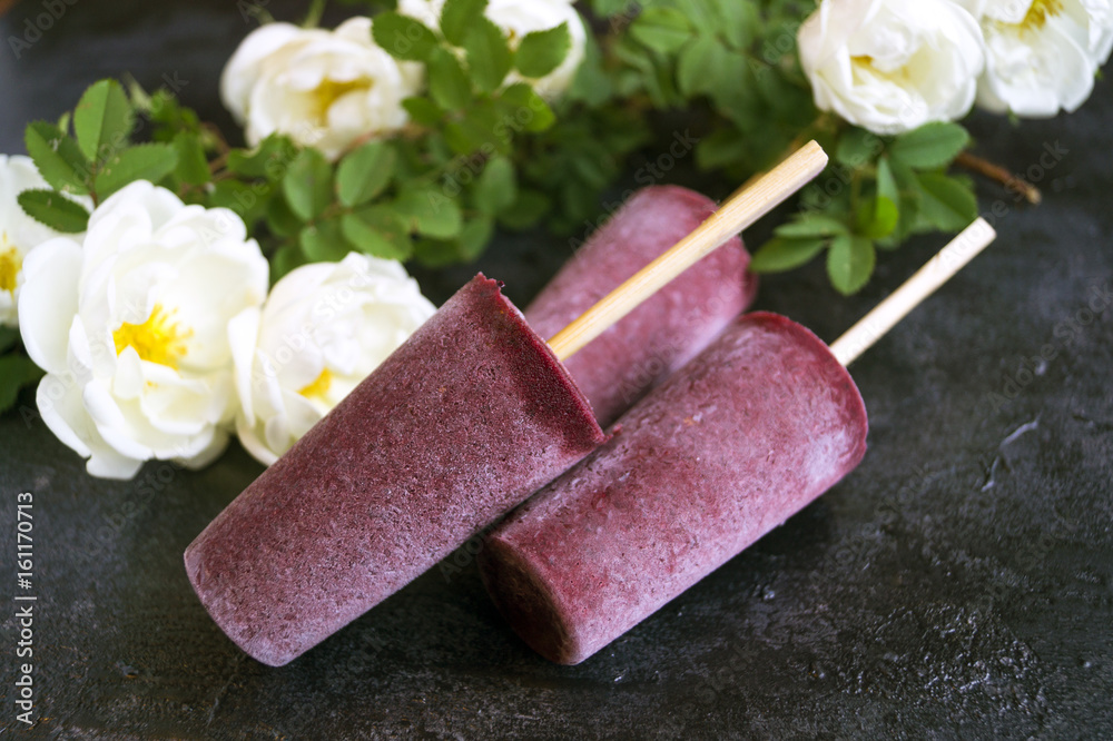 Fruit, berry Popsicle. On a black background. Fruit, berry Popsicle. On a black background.