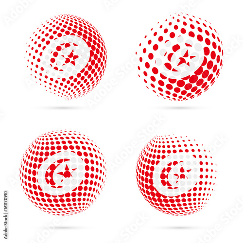 Tunisia halftone flag set patriotic vector design. 3D halftone sphere in Tunisia national flag colors isolated on white background.