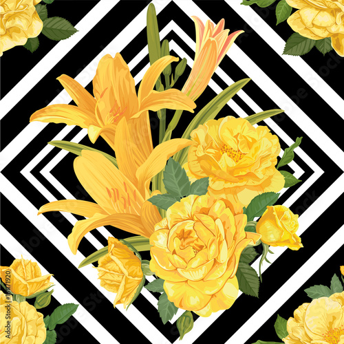 Fototapeta Naklejka Na Ścianę i Meble -  Seamless pattern of lilies flower with yellow rose on black and white graphic geometric background. Vector set of blooming flowers for your design. Adornment for wedding invitations and greeting card.