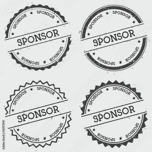 Sponsor insignia stamp isolated on white background. Grunge round hipster seal with text, ink texture and splatter and blots, vector illustration.