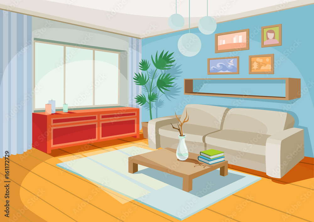 Vector illustration of a cozy cartoon interior of a home room, a living  room with a sofa, coffee table, chest of drawers, shelf and window curtains  Stock Vector | Adobe Stock