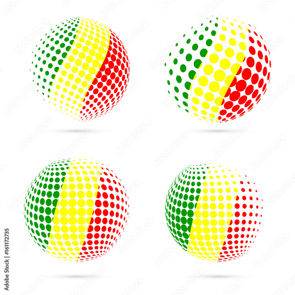 Mali halftone flag set patriotic vector design. 3D halftone sphere in Mali national flag colors isolated on white background.