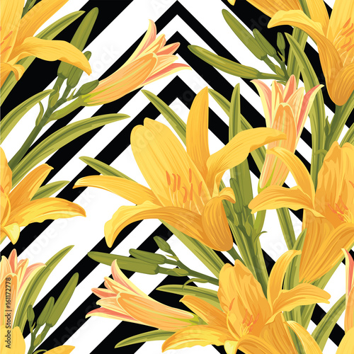 Fototapeta Naklejka Na Ścianę i Meble -  Seamless pattern of lilies flower with yellow rose on black and white graphic geometric background. Vector set of blooming flowers for your design. Adornment for wedding invitations and greeting card.