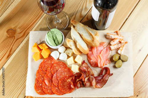 snacks. meat and cheese plate in the restaurant. traditional Italian appetizer - antipasti photo