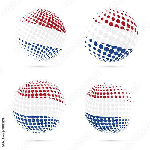 Netherlands halftone flag set patriotic vector design. 3D halftone sphere in Netherlands national flag colors isolated on white background.