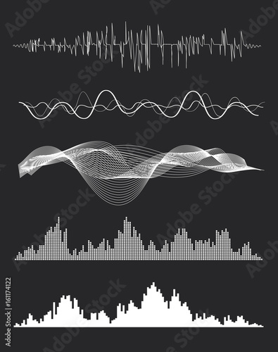 Vector music sound waves set. Audio digital equalizer technology, console panel, pulse musical.