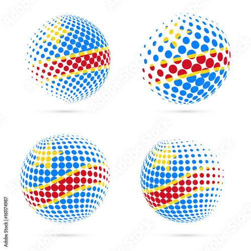 DR Congo halftone flag set patriotic vector design. 3D halftone sphere in DR Congo national flag colors isolated on white background.