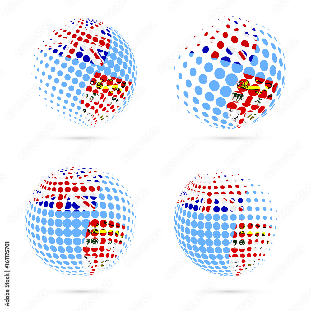 Fiji halftone flag set patriotic vector design. 3D halftone sphere in Fiji national flag colors isolated on white background.