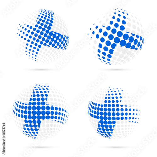 Finland halftone flag set patriotic vector design. 3D halftone sphere in Finland national flag colors isolated on white background.