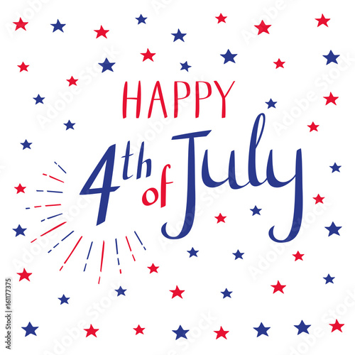Happy 4th of July. Calligraphy and stars in blue and red colors. Vector illustration on white background.