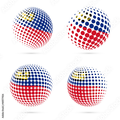 Liechtenstein halftone flag set patriotic vector design. 3D halftone sphere in Liechtenstein national flag colors isolated on white background.