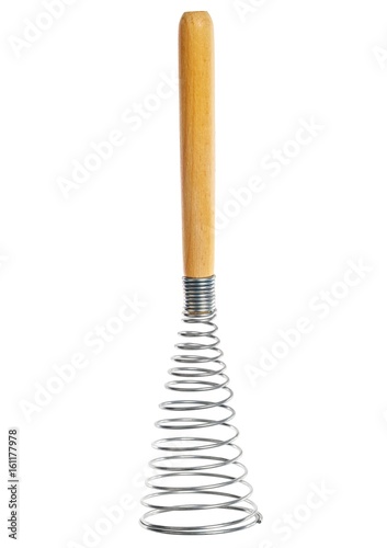 Fototapeta Naklejka Na Ścianę i Meble -  Whisk with wooden handle - vintage kitchen utensil. Isolated on white