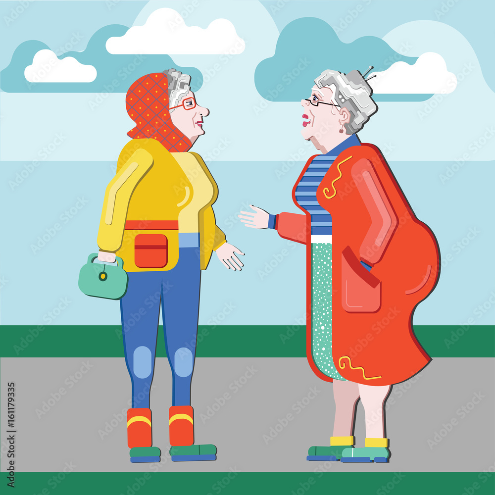Friendship of old people. Old Girlfriends. Older woman talking on the  street. Old women discuss retirement. Senior having fun. Old woman in a  scarf. Best friends. Senior  sky Stock Vector |