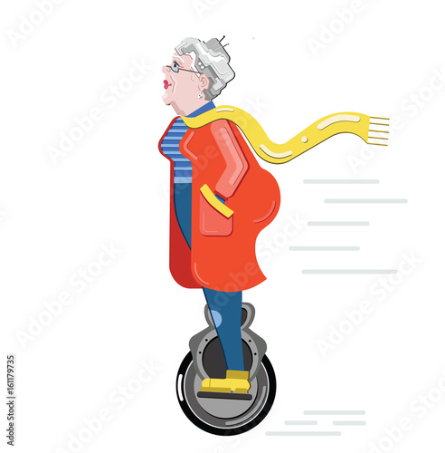Grandmother silhouette. Old woman on the scooter. Old progressive woman use modern technology monowheel. Flat style modern vector illustration isolated on white background. Senior having fun. 