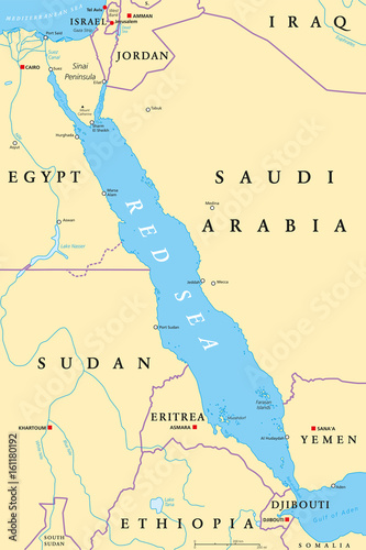 Red Sea region political map with capitals, borders, important cities, rivers and lakes. Erythraean Sea, seawater inlet of Indian Ocean between Africa and Asia. Illustration. English labeling. Vector. photo