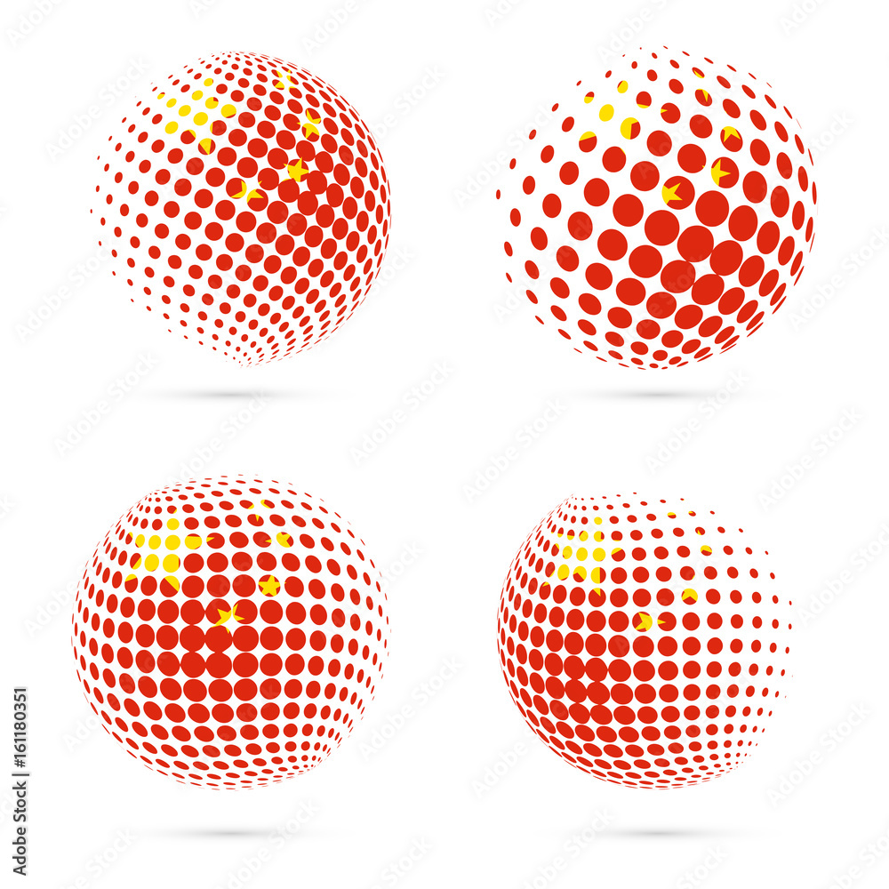 China halftone flag set patriotic vector design. 3D halftone sphere in China national flag colors isolated on white background.