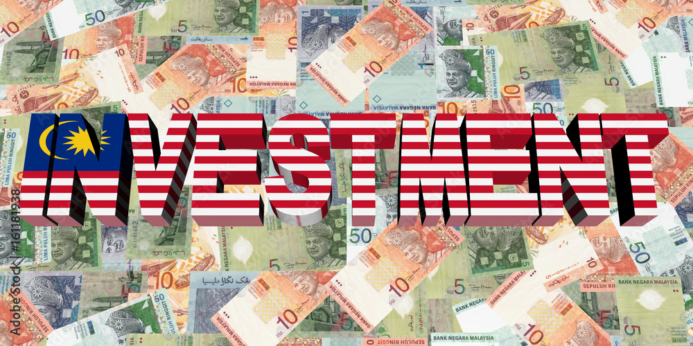Obraz premium Investment text with Malaysian flag on currency illustration