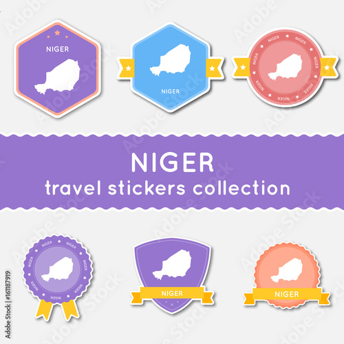 Niger travel stickers collection. Big set of stickers with country map and name. Flat material style badges vector illustration.