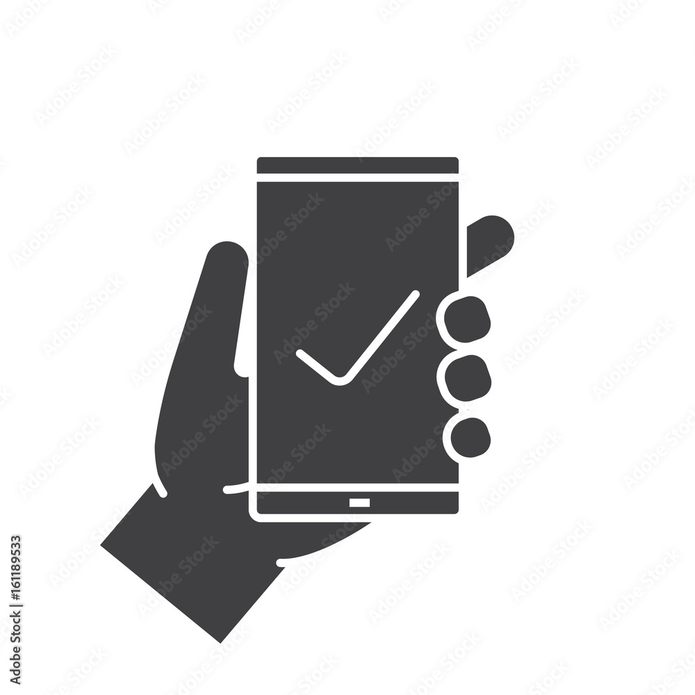 Hand holding smartphone glyph icon Hand holding smartphone glyph icon