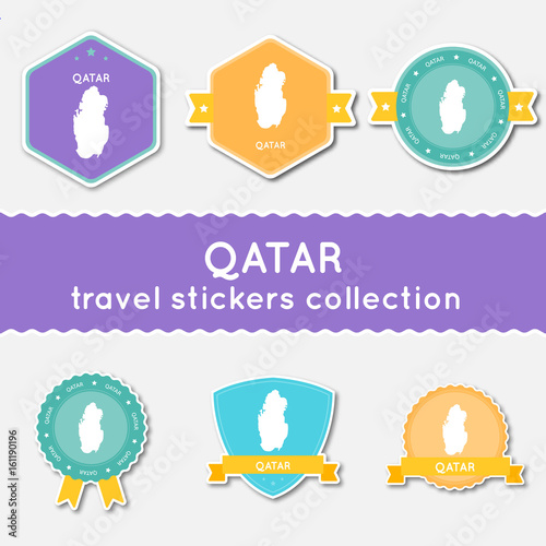 Qatar travel stickers collection. Big set of stickers with country map and name. Flat material style badges vector illustration.