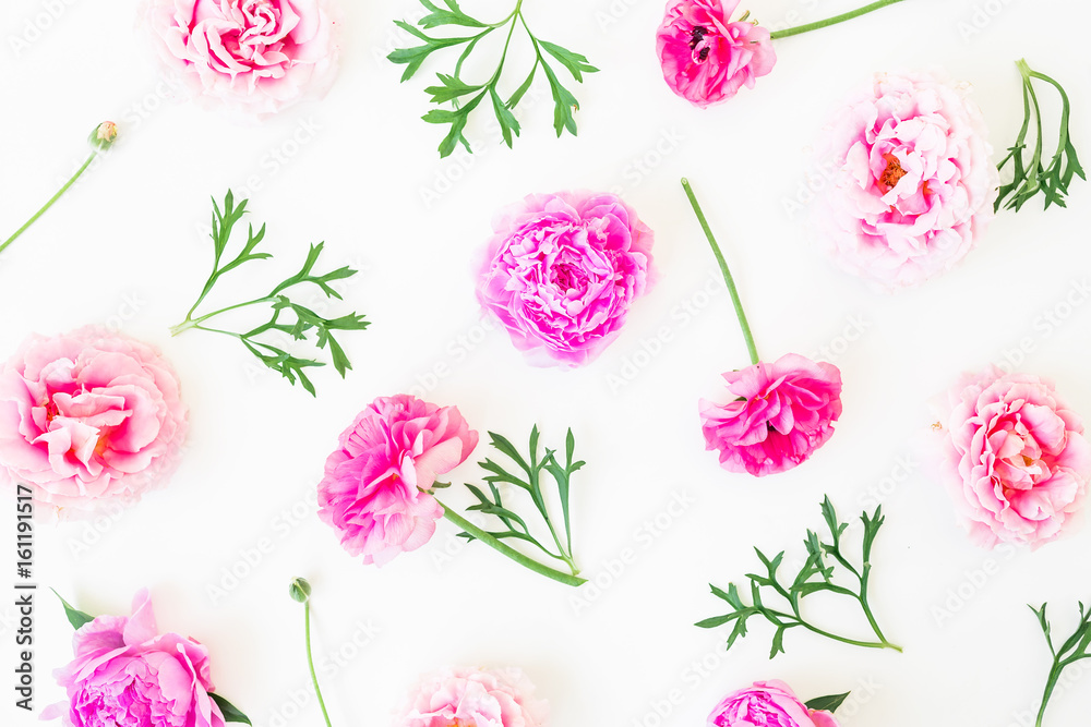 Floral pattern made of pink rose flowers and peonies on white background. Flat lay, top view.