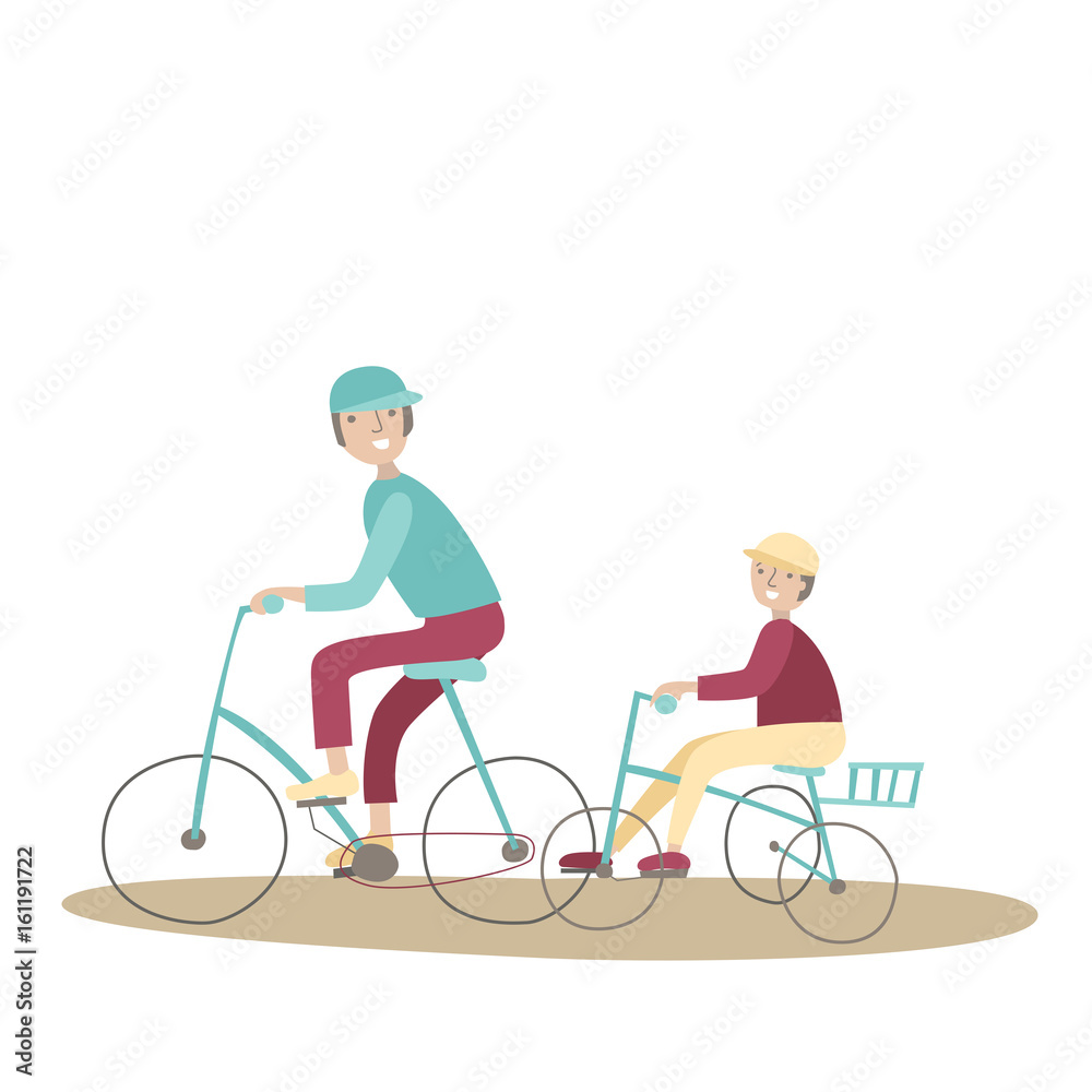 Dad and son riding bikes. Family Bicycle Sports and physical activity with children, joint active recreation. Vector illustration in flat style, isolated on white background. Dad and son riding bikes. Family Bicycle Sports and physical activity with children, joint active recreation. Vector illustration in flat style, isolated on white background.