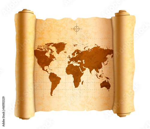 Realistic ancient world map on old textured scroll on white