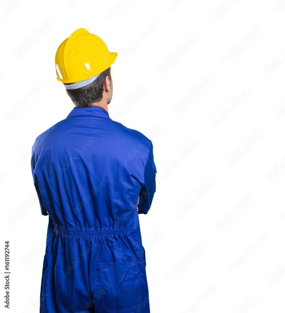 Workman back thinking on white background Workman back thinking on white background