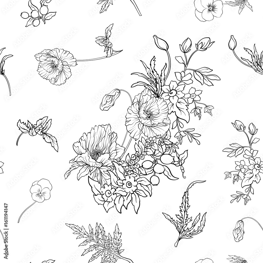 Seamless pattern with poppy flowers daffodil, anemone, violet in Seamless pattern with poppy flowers daffodil, anemone, violet in