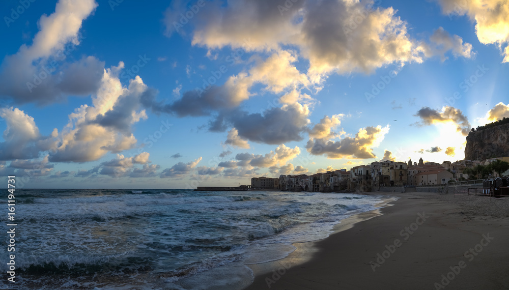 Touristic and vacation pearl of Sicily, small town of Cefalu, Sicily, south Italy, sea view