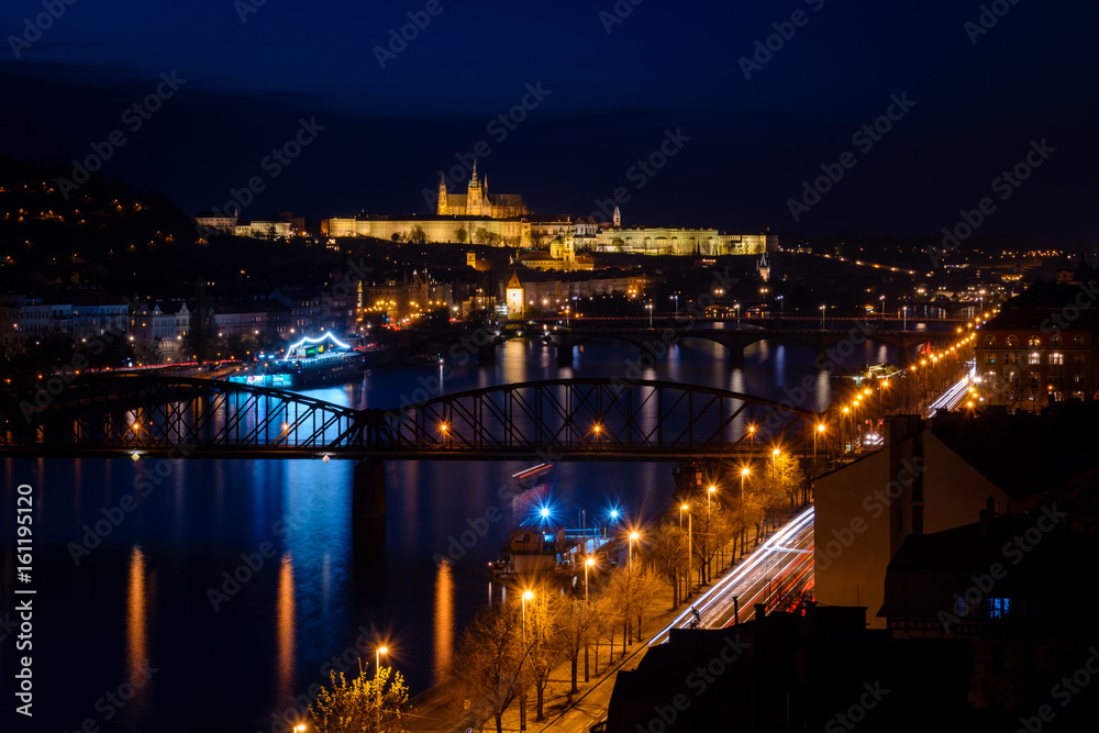 Overview of Prague with Prague Castle and St Vitus Cathedral at night, Czech Republic