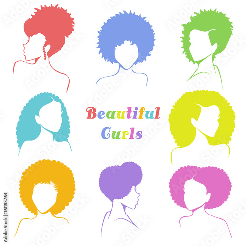 Set of stylized women's busts with curly hair