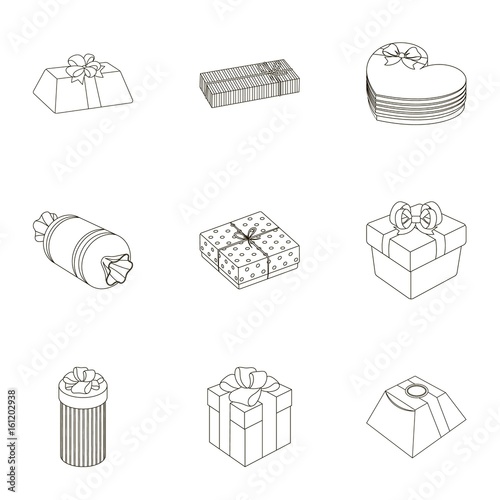 A set of pictures gifts. Gifts for different holidays, surprises. Gift packaging.Gifts and cert icon in set collection on outline style vector symbol stock illustration.