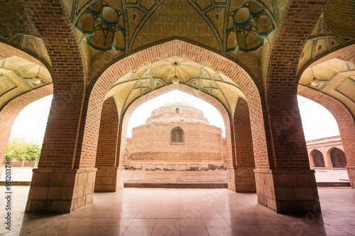 Arched courtyard corridor of the Blue Mosque   a famous historic mosque in Tabriz, Iran.