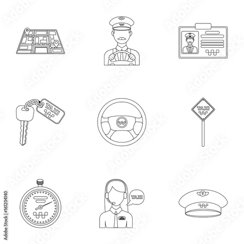 Set of icons about the taxi. A call taxi driver, Parking. Transportation around the city.Taxi icon in set collection on outline style vector symbol stock illustration.