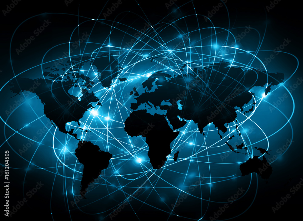 World map on a technological background, glowing lines symbols of the Internet, radio, television, mobile and satellite communications. World map on a technological background, glowing lines symbols of the Internet, radio, television, mobile and satellite communications.