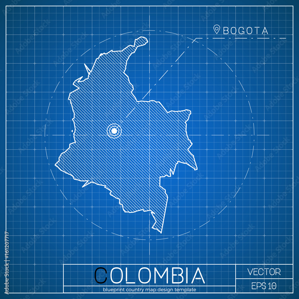 Colombia blueprint map template with capital city. Bogota marked on ...