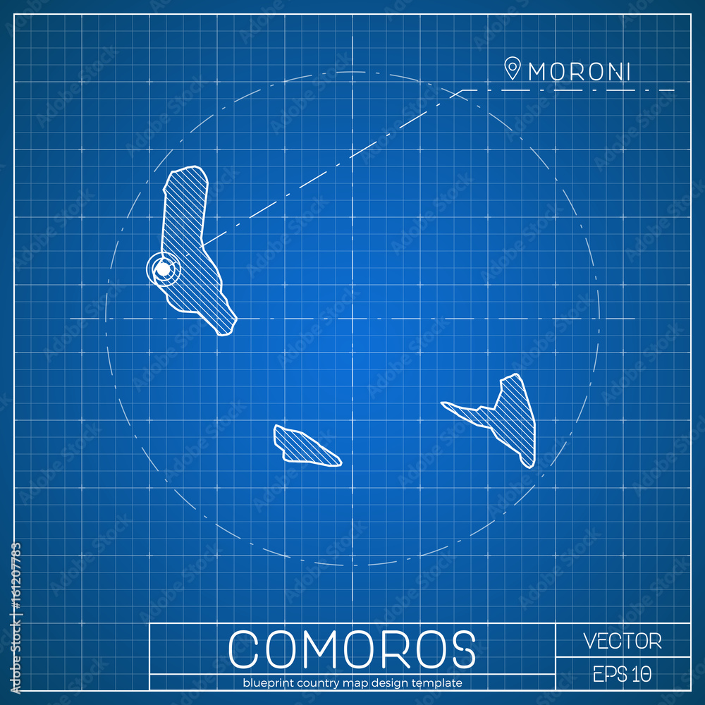 Comoros blueprint map template with capital city. Moroni marked on ...