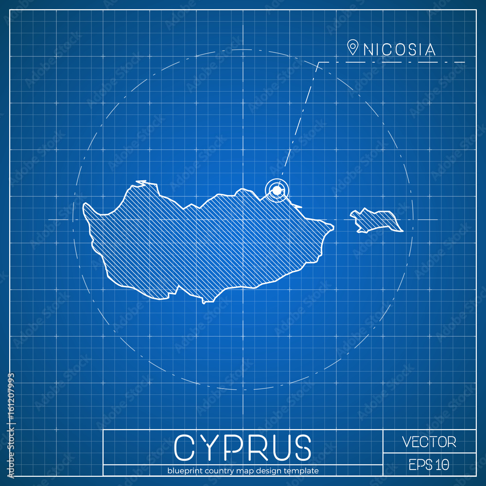 Cyprus blueprint map template with capital city. Nicosia marked on ...
