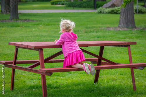 Little girl in pink dress kneeling on a picnic bench at the park