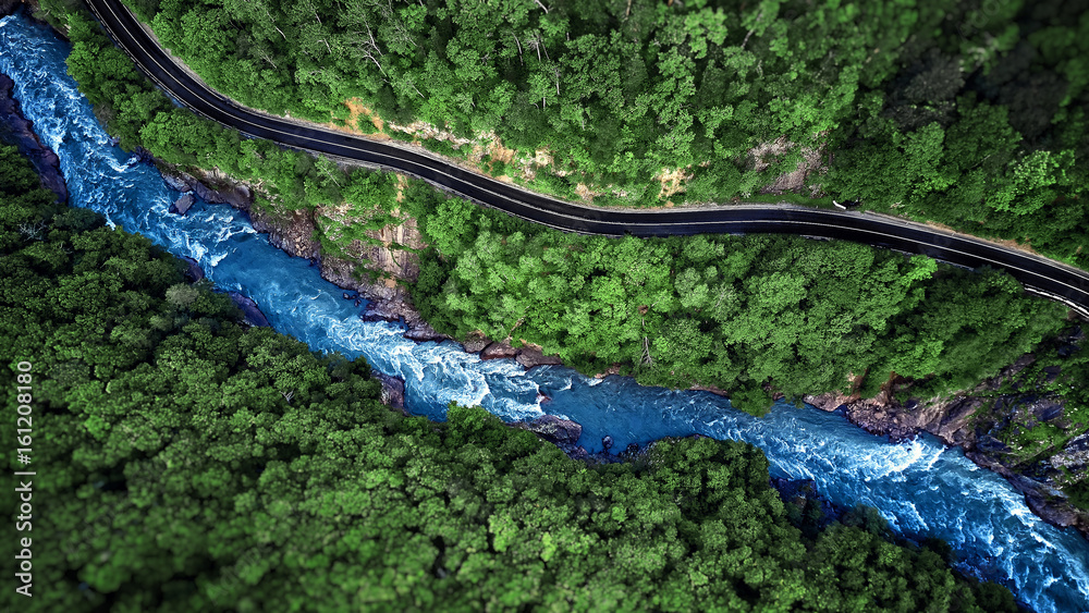 Aerial view of Mountain river and road. Mountain gorge - obrazy, fototapety, plakaty 