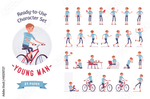 Ready-to-use young man character set, various poses and emotions