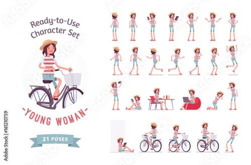 Ready-to-use young woman character set, various poses and emotions