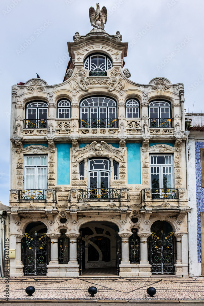 Fragments design ancient beautiful buildings in Art Nouveau style. Aveiro, Beira Litoral, Portugal.